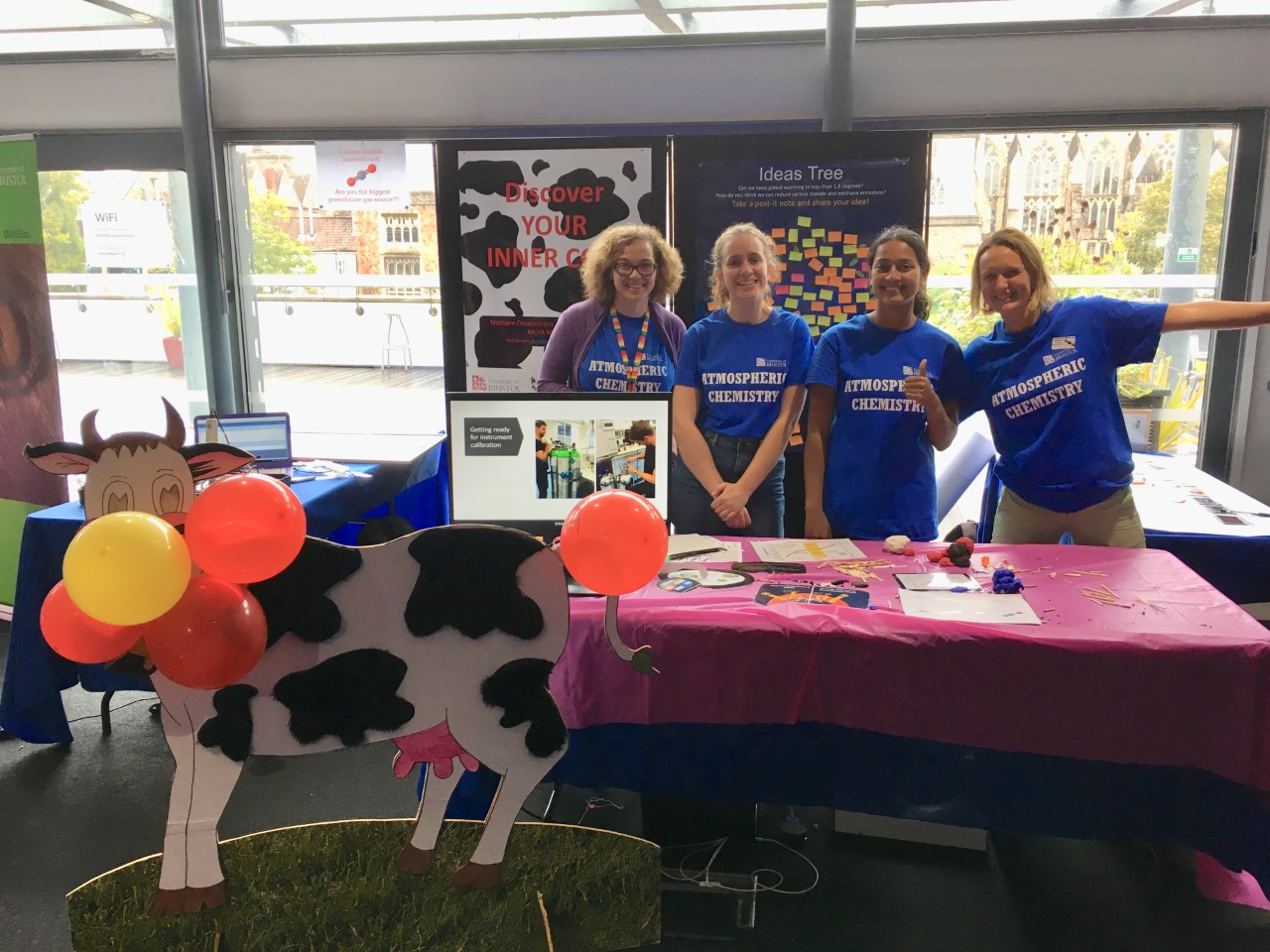 Alecia Nickless, Charlotte Gregson, Jenna Ram and Aoife Grant after engaging 300 school students about greenhouse gas sources and their impact on the earths atmosphere at the FUTURES2019 event in 'We the Curious' science museum, Bristol.