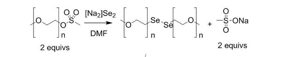 chemical equation showing The synthesis of a diselenide containing polymer: PEG-Se–Se-PEG.