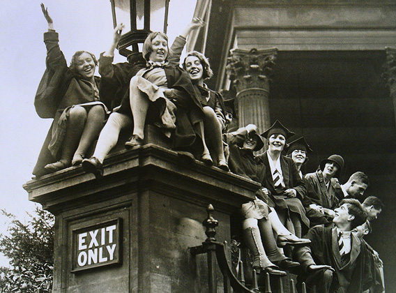 Students cheer outside the Victoria Rooms circa 1929.
