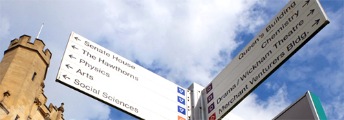 A signpost showing locations on the Clifton campus