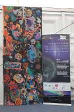 Cosmic ray inspired canvas painted by children from several primary schools in Anglesey beside an RAS:200 banner