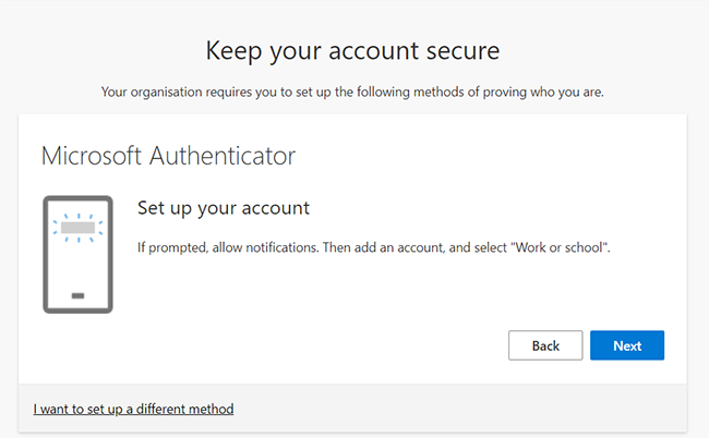 Set-up screen saying 'Microsoft Authenticator. Set up your account'.
