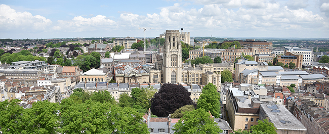 Aerial view of the Clifton Campus with Wills Memorial Building in the centre.
