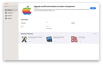 Screenshot showing "Upgrade macOS and transition to modern management". Screenshot may vary based on current operating system.