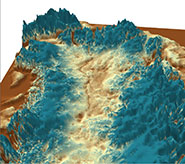 The canyon in a 3-D visualisation of the Greenland bedrock for the northern half of the island, looking north