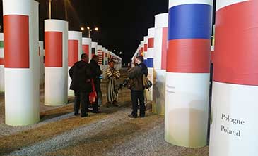 Scene from COP21; country flag banners