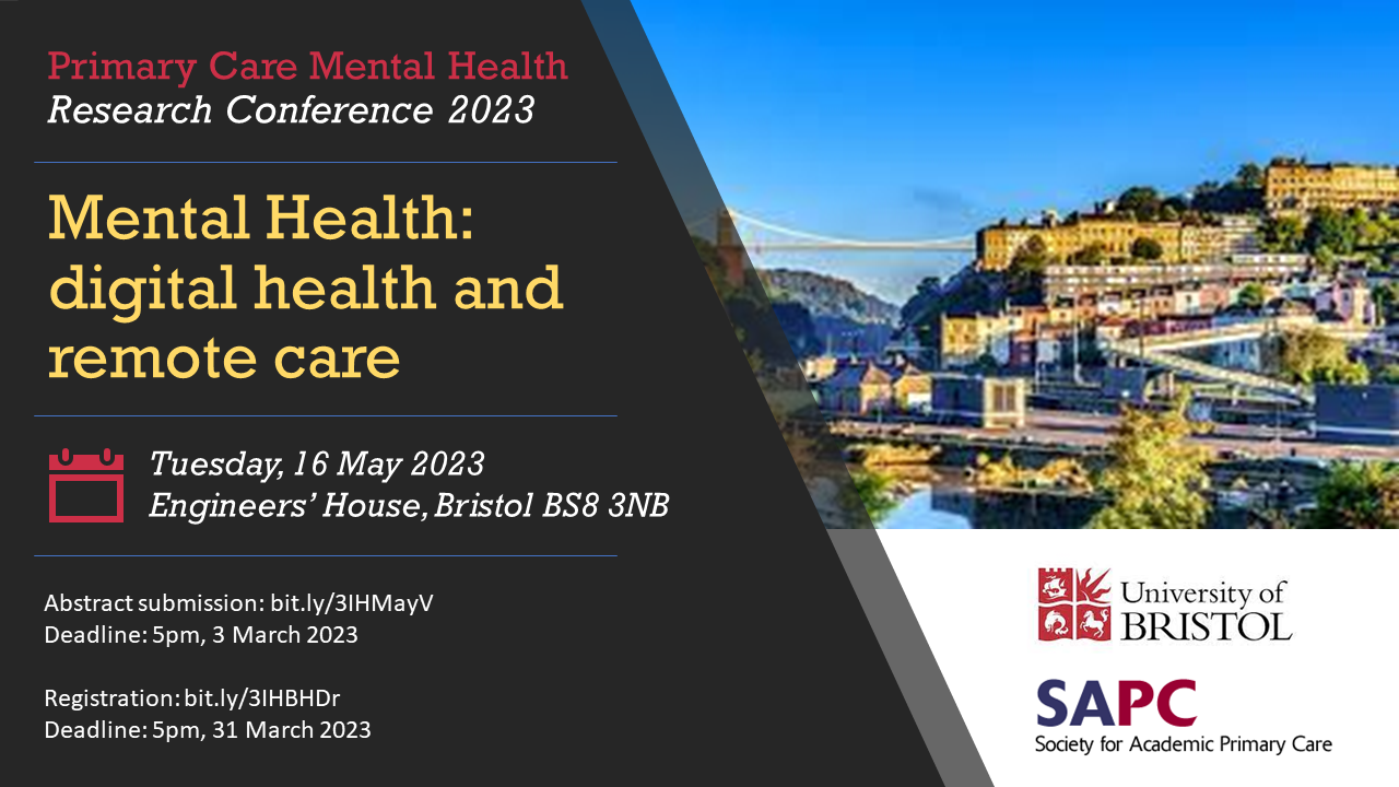Advert for the Primary Care Mental Health Conference 2023 hosted by the Centre for Academic Primary Care, University of Bristol.