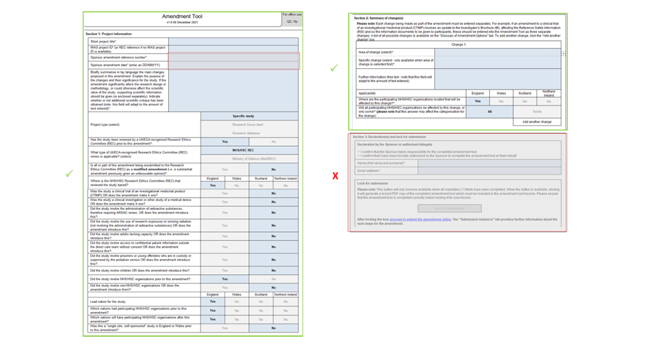 Image showing parts of IRAS Amendment form to be completed by Investigators