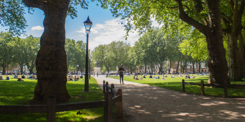 Queen's square in Bristol on a sunny day.