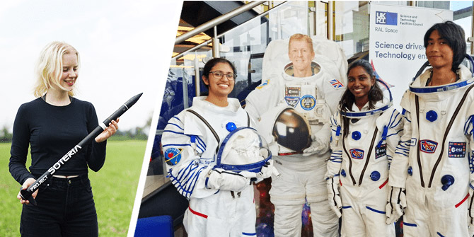 Female student stood with rocket prop and students in space suits stood aside Tim Peake cut out