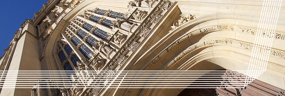 Low angle shot of Wills Memorial Building with white line design running across the image.