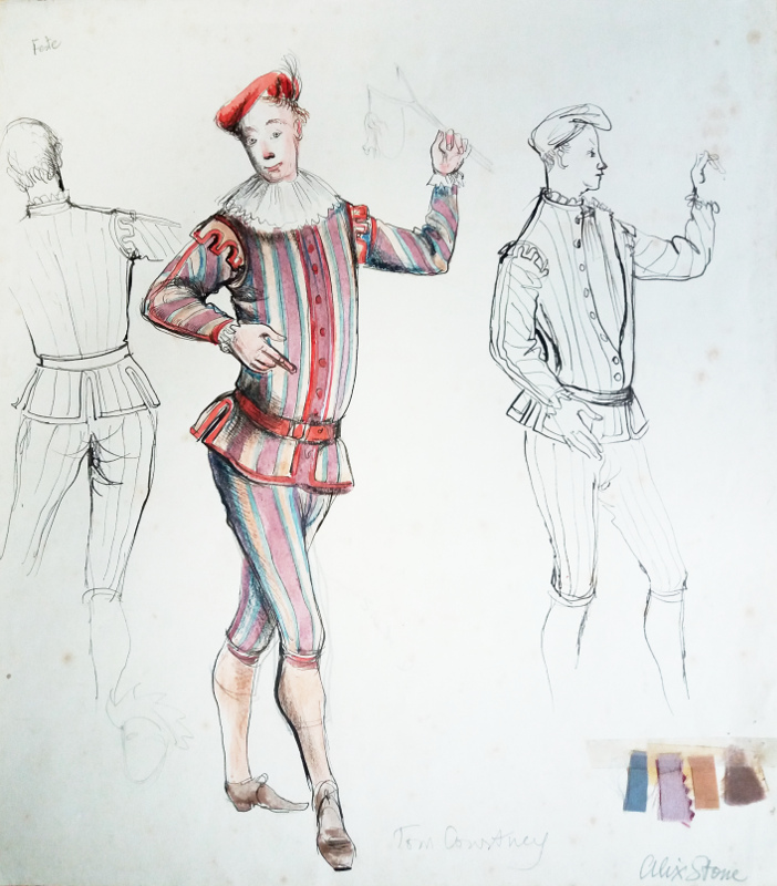 Costume design for Tom Courtenay as Feste, Twelfth Night, Old Vic Company 1961
