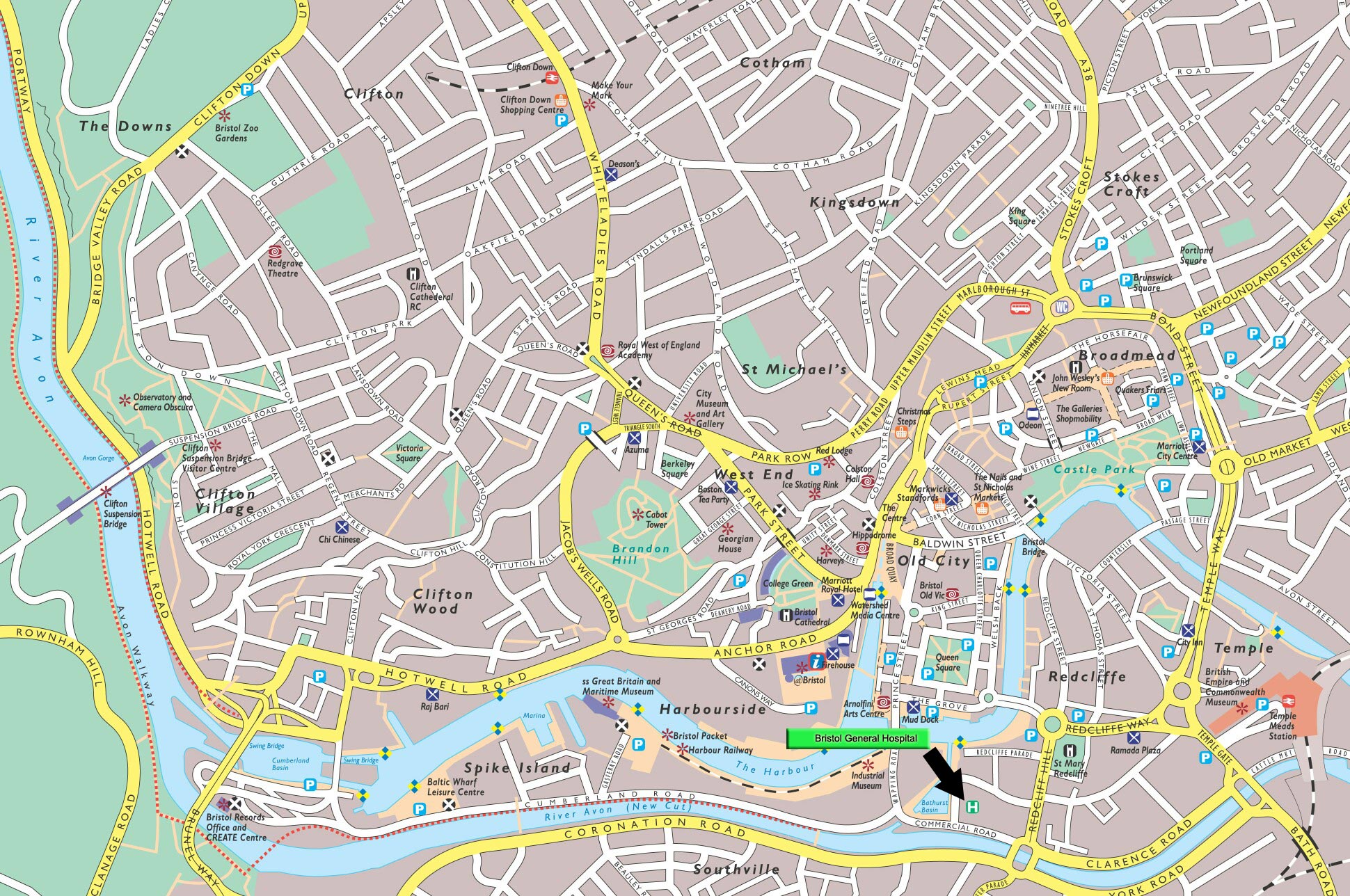 High Resolution map of Bristol City Centre showing Bristol General Hopsital