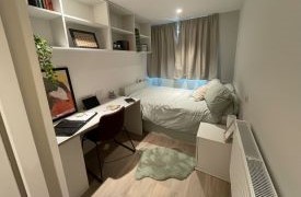 A bedroom with a bed against the wall, a desk and shelving on the wall.
