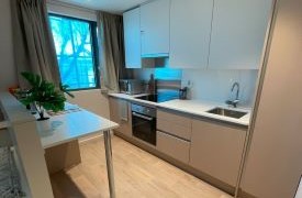 An open kitchen with grey cupboards.