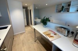 An open room with a kitchen and bed in the corner.
