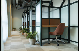 A row of individual study booths with wooden desks and green-framed partitions, accompanied by potted plants along the corridor. A cushioned swivel chair sits at the nearest booth under soft natural light from large windows.