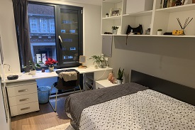 Bed and shelving units in the right foreground. Window and desk area in the background.