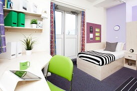 A room with a single bed in one corner and a desk and chair opposite it. There are two shelves over the desk.