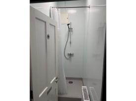 An open door leads into a walk-in shower room, with a white curtain, and hand-held shower head.