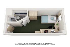 CGI image of a floor plan showing the en suite in the top left corner, bedroom and desk area to the right.