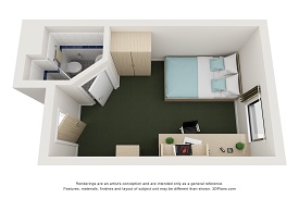 A CGI image of the floor plan of a standard room.