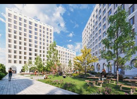 A landscaped courtyard between modern residential buildings, with trees, flowerbeds, picnic benches and residents enjoying the shared green space.&rdquo;