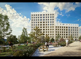 A modern residential building overlooking a landscaped public courtyard with trees, flowerbeds, benches and people relaxing on a sunny day..