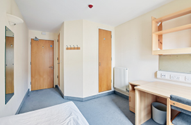 A naturally lit bedroom with a single bed, a wall-mounted mirror, and wall-mounted coat hooks. There is a desk, chair and shelves against the wall opposite the bed.