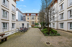 A courtyard with a bike rack alongside a fence. There are two benches next to a shrub area lined with some tall trees.
