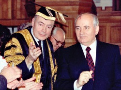 Gorbachev (right) with the then Chancellor of the University, Sir Jeremy Morse