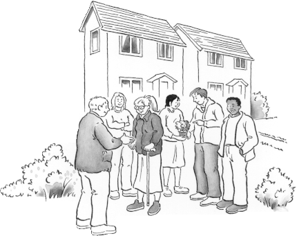 picture of a group of people standing in fron tof some houses. These are people that use the KeyRing housing service.