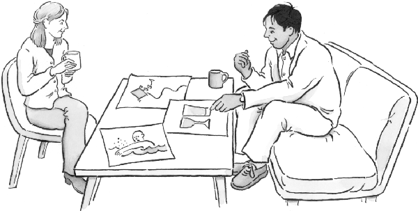 picture of two people deciding what to do. They look at pictures of things they like to do with their time, like swimming or going to the pub.