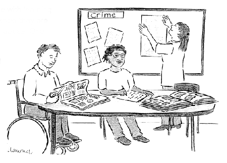 picture of people looking at articles on crime in newspapers