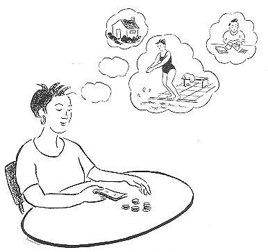 picture of things you can do with money: swimming, pay for a place to live.