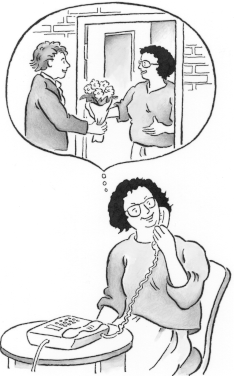 picture of a woman on the telephone. The woman is thinking about having her own home. She thinks of opening the  door to a friend at her new home. The friend has a bunch of flowers in their hand.
