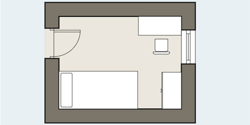 Floor plan of a room with a door in one corner, a desk and chair in the corner directly ahead of the door, a wardrobe in the opposite corner to the door, and a single bed in the corner nearest the door.