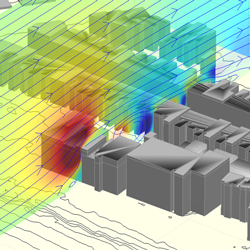Computational fluid dynamics model of wind flow over buildings