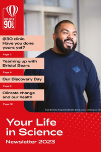 Your Life In Science 2023 newsletter front page showing a Bristol Bears Rugby player