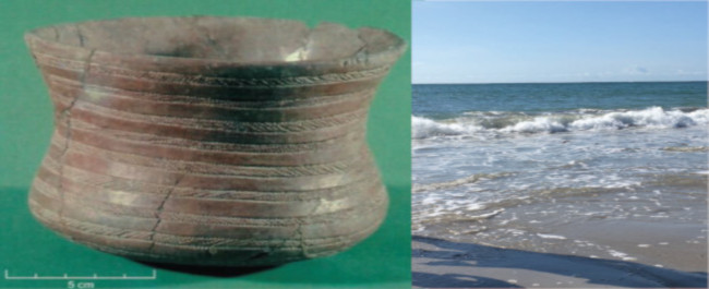 Ancient beaker and waves breaking on sand to illustrate Seascapes research project