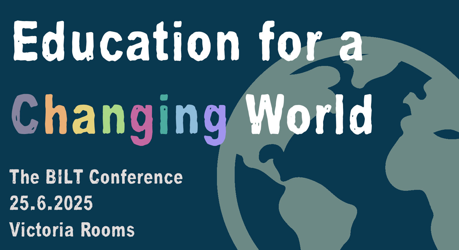 Dark blue background, an image of a globe with the title of the conference displayed in white and coloured letters