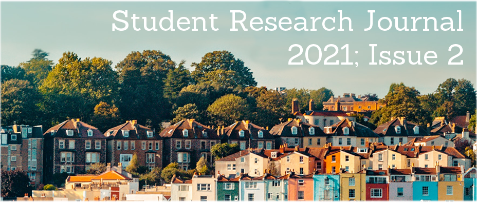 Journal cover - an image of houses in Bristol against a blue sky. Link opens the second issue of the Student Research Journal produced  in 2021.