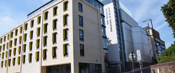 The Life Sciences Building shot from directly opposite the road at 45 degrees