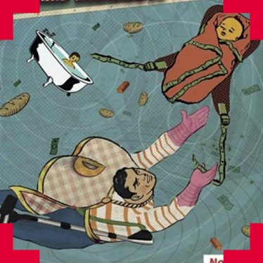 An illustration in comic book style with a flying superhero dad catching a baby with a baby in a bathtub in the background.
