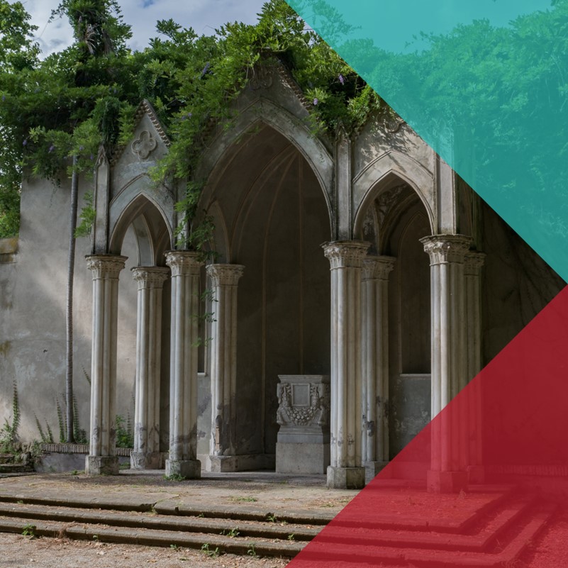 A photo of an outdoor alter with overgrown foliage around it