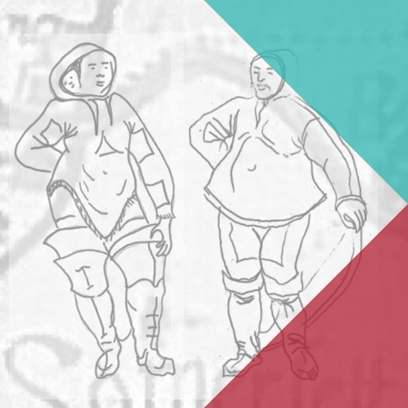 a pencil line drawing of two Canada First Nations' people