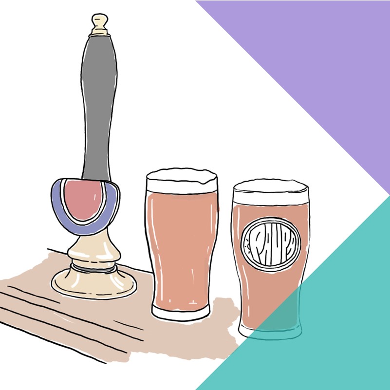 A drawing of 2 pints of beer on a bar, with the lever of a draught beer pump.