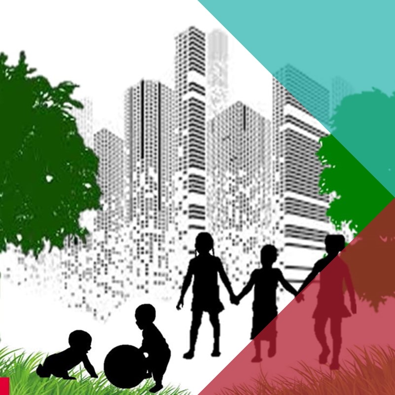 An illustration of silhouettes of children playing between green trees with highrise buildings in the background