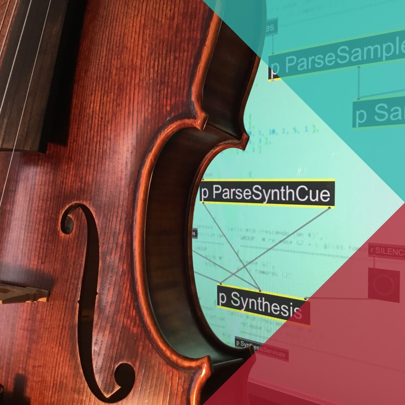 A photograph of part of a cello in the foreground in front of a screen showing flowcharts with coding and computer science terms 