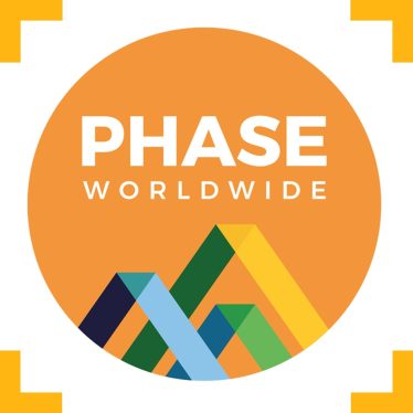 A logo for 'PHASE Worldwide' with 3 basic shapes underneath that look like mountains all within an orange circle